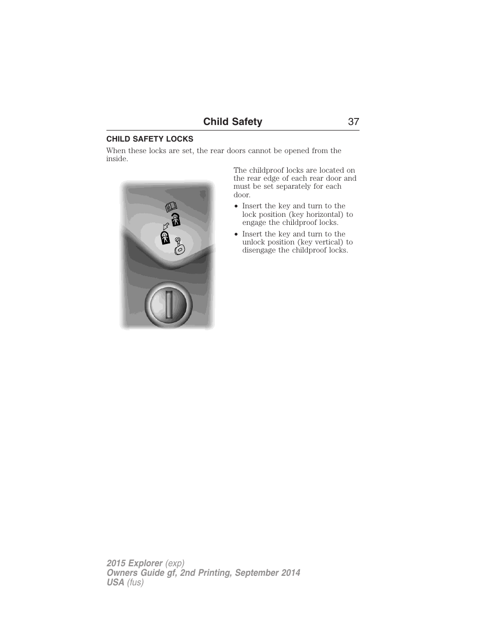 Child safety locks, Child safety 37 | FORD 2015 Explorer User Manual | Page 38 / 596