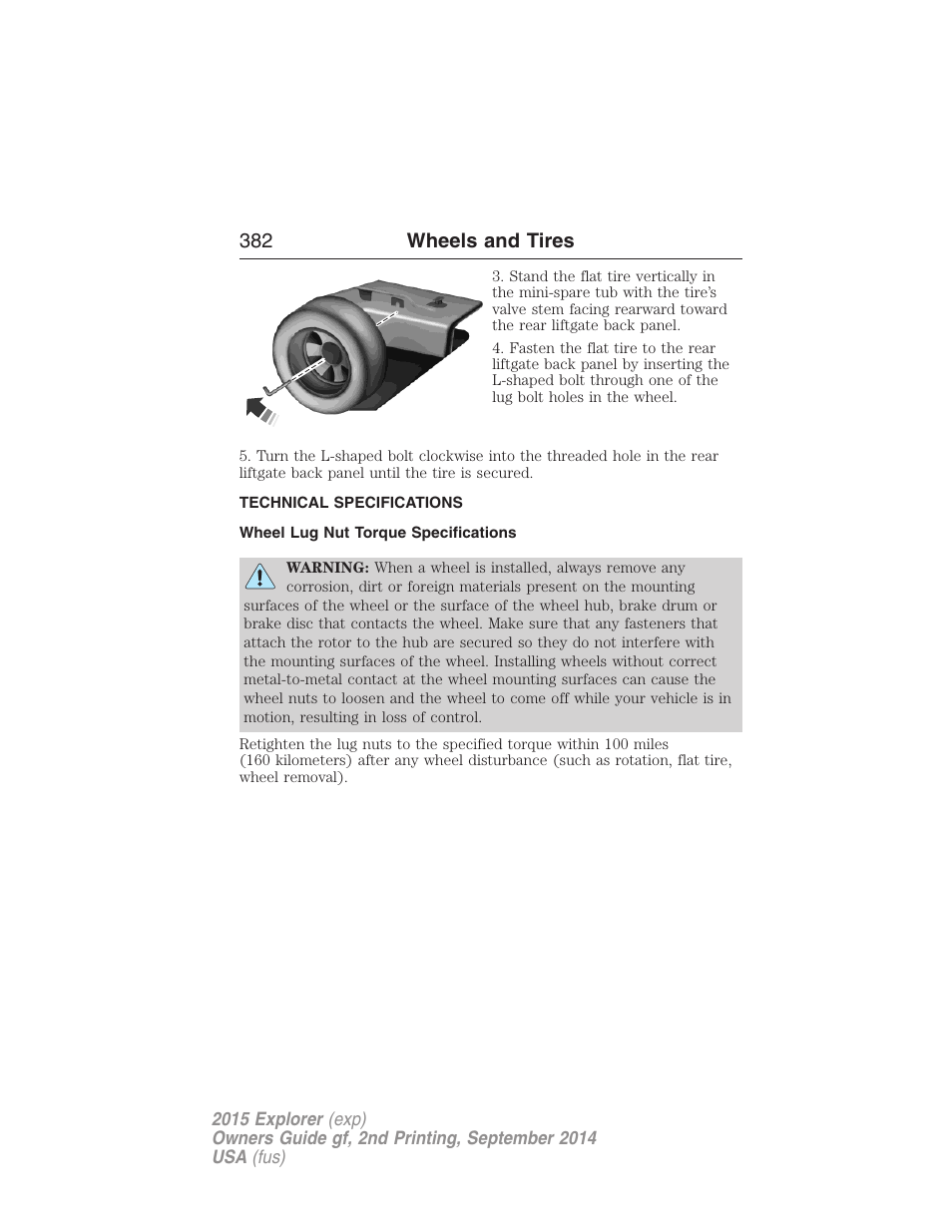 Technical specifications, Wheel lug nut torque specifications, Wheel lug nut torque | 382 wheels and tires | FORD 2015 Explorer User Manual | Page 383 / 596