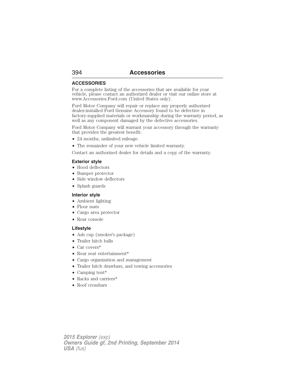 Accessories, Exterior style, Interior style | Lifestyle, 394 accessories | FORD 2015 Explorer User Manual | Page 395 / 596
