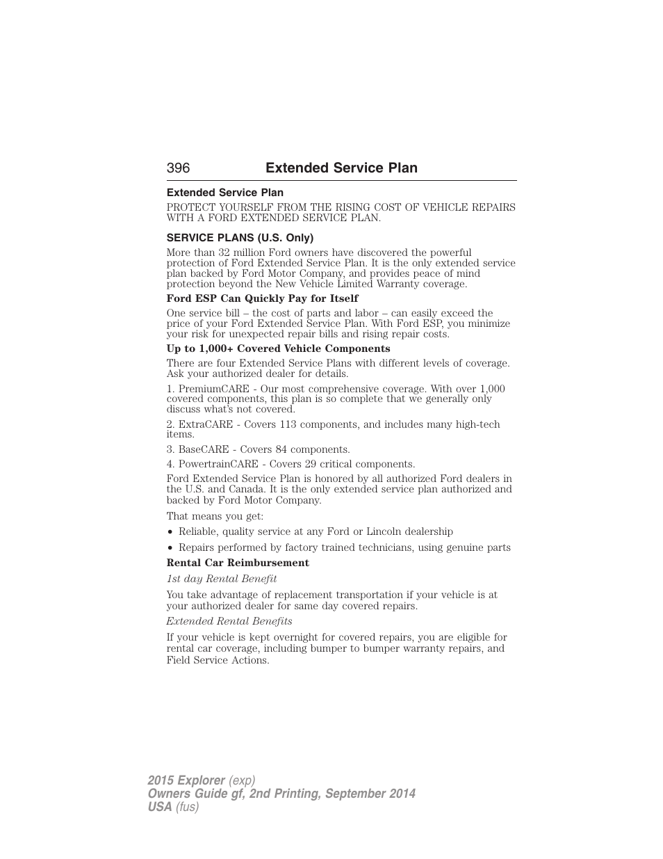 Extended service plan, Service plans (u.s. only), 396 extended service plan | FORD 2015 Explorer User Manual | Page 397 / 596