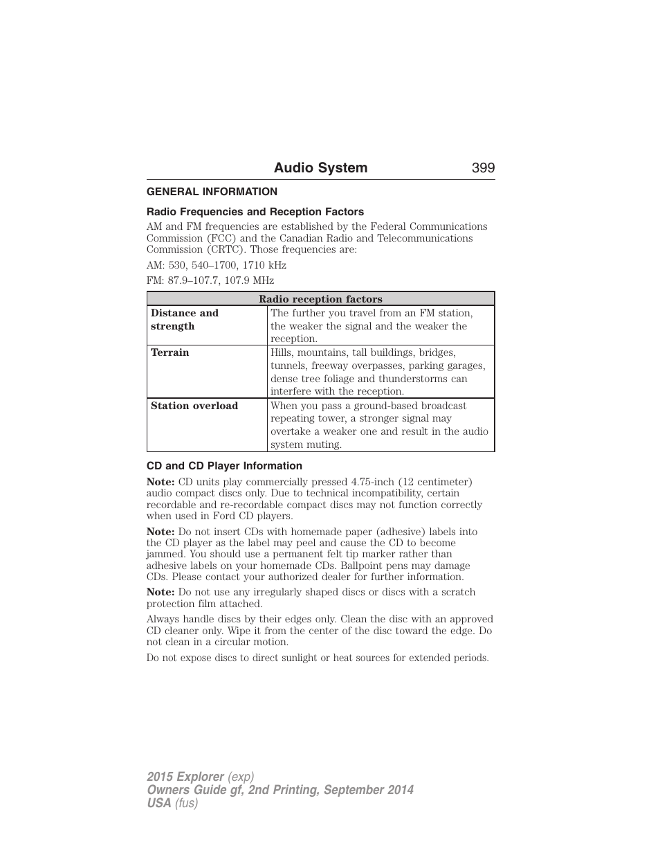 Audio system, General information, Radio frequencies and reception factors | Cd and cd player information, Audio system 399 | FORD 2015 Explorer User Manual | Page 400 / 596