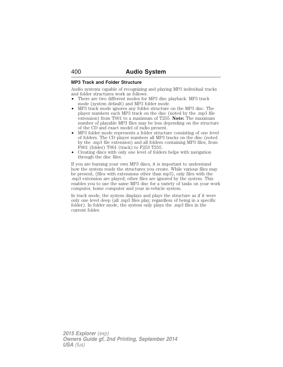 Mp3 track and folder structure, 400 audio system | FORD 2015 Explorer User Manual | Page 401 / 596