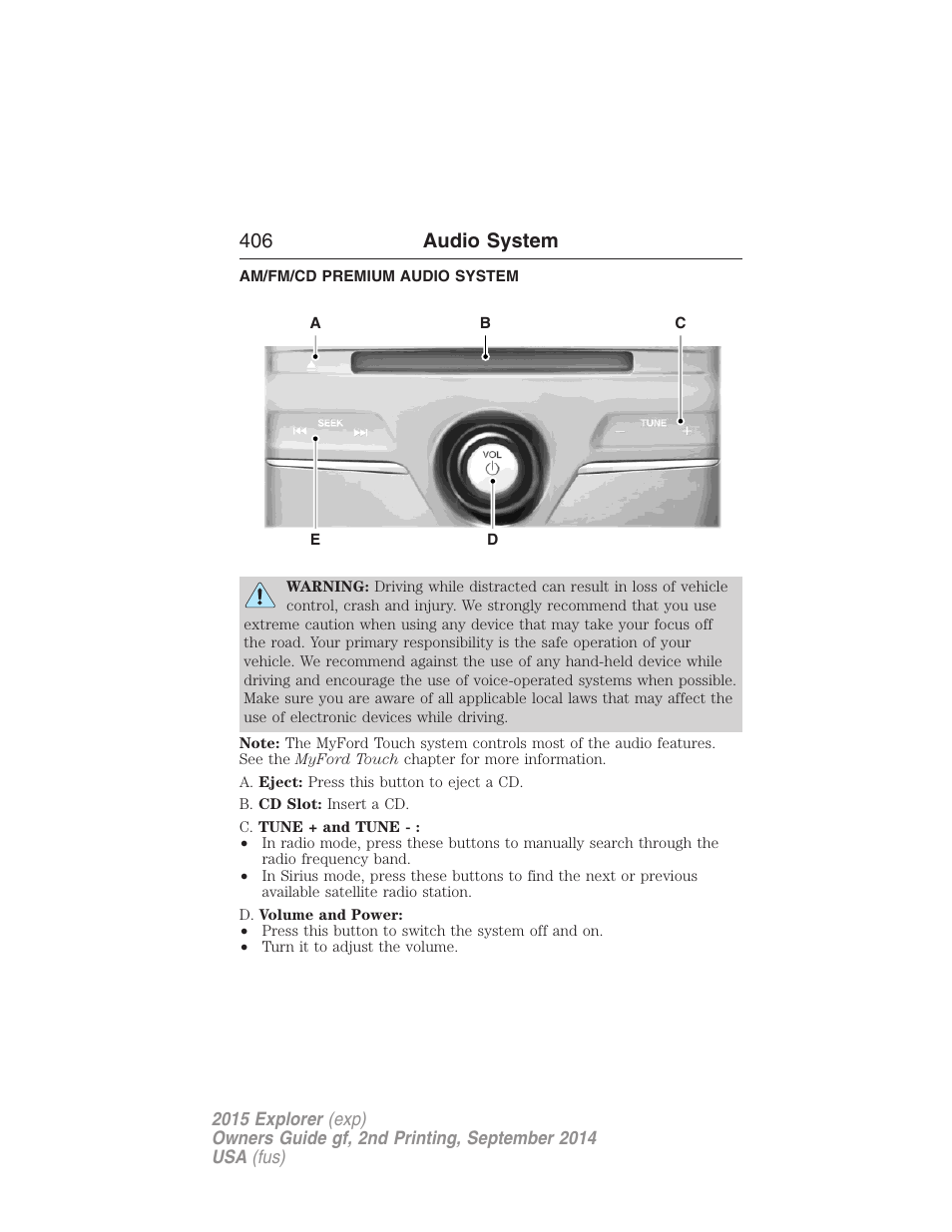 Am/fm/cd premium audio system, 406 audio system | FORD 2015 Explorer User Manual | Page 407 / 596