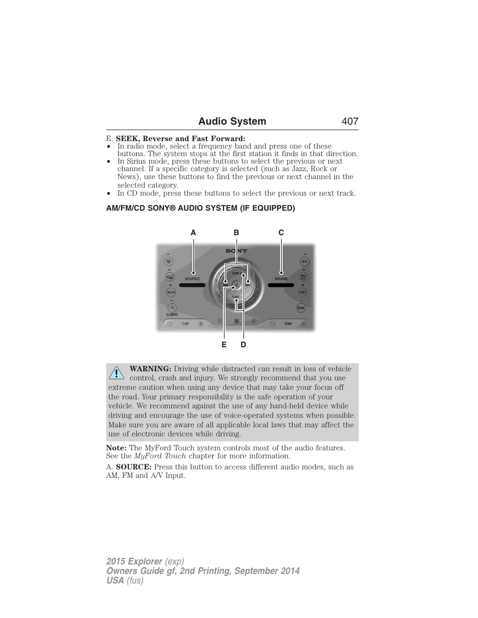 Am/fm/cd sony® audio system (if equipped), Audio system 407 | FORD 2015 Explorer User Manual | Page 408 / 596