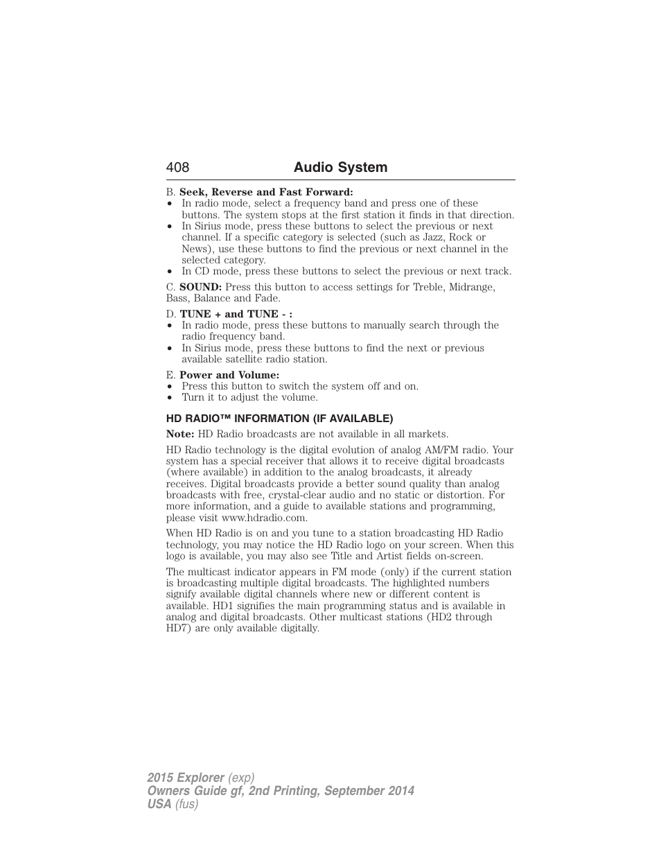 Hd radio™ information (if available), 408 audio system | FORD 2015 Explorer User Manual | Page 409 / 596