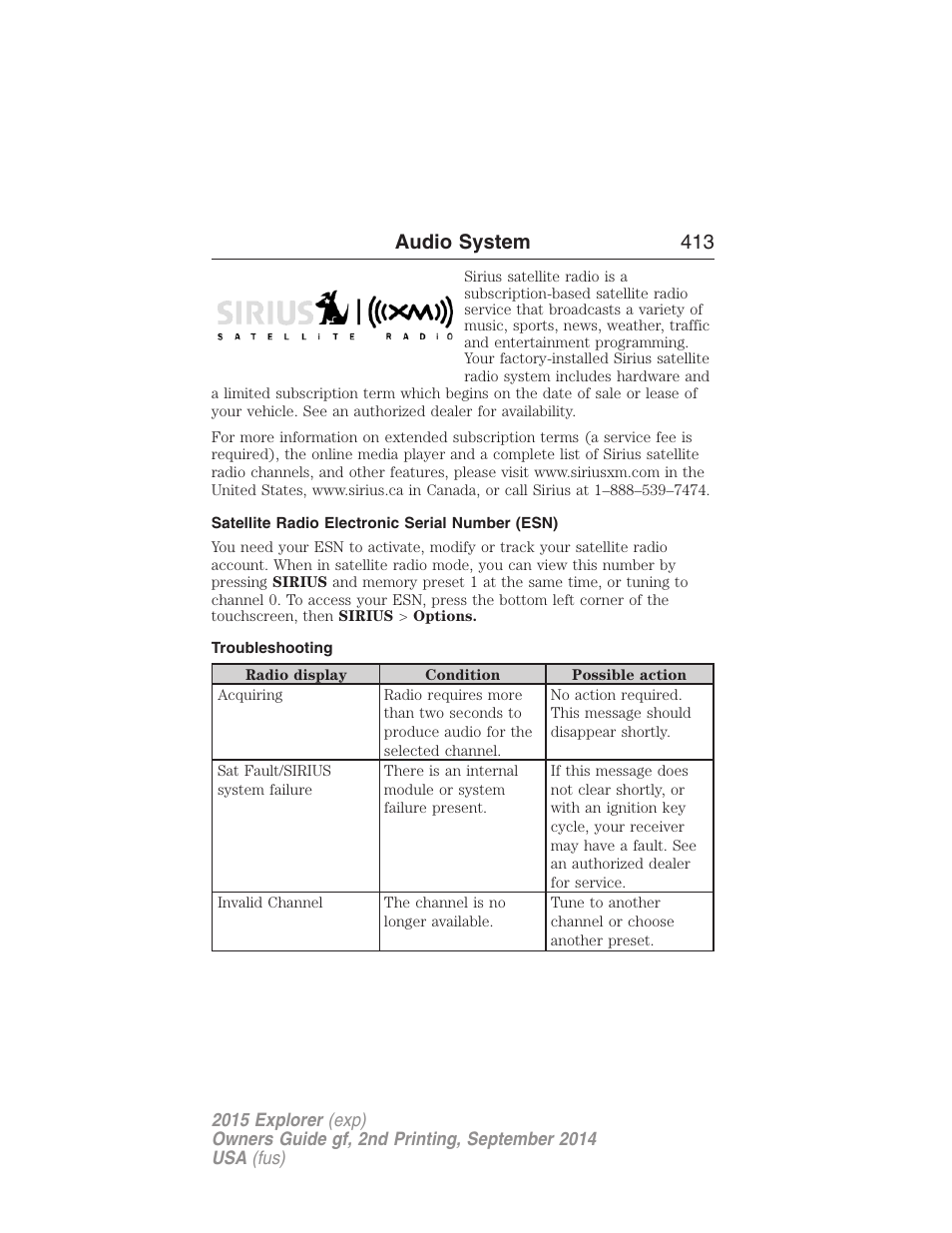 Satellite radio electronic serial number (esn), Troubleshooting, Audio system 413 | FORD 2015 Explorer User Manual | Page 414 / 596