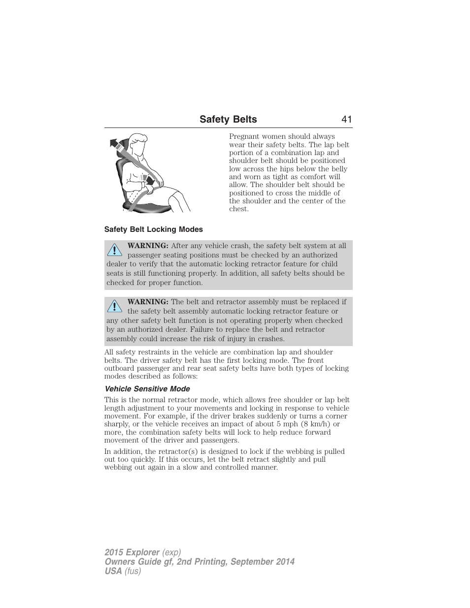 Safety belt locking modes, Vehicle sensitive mode, Safety belts 41 | FORD 2015 Explorer User Manual | Page 42 / 596