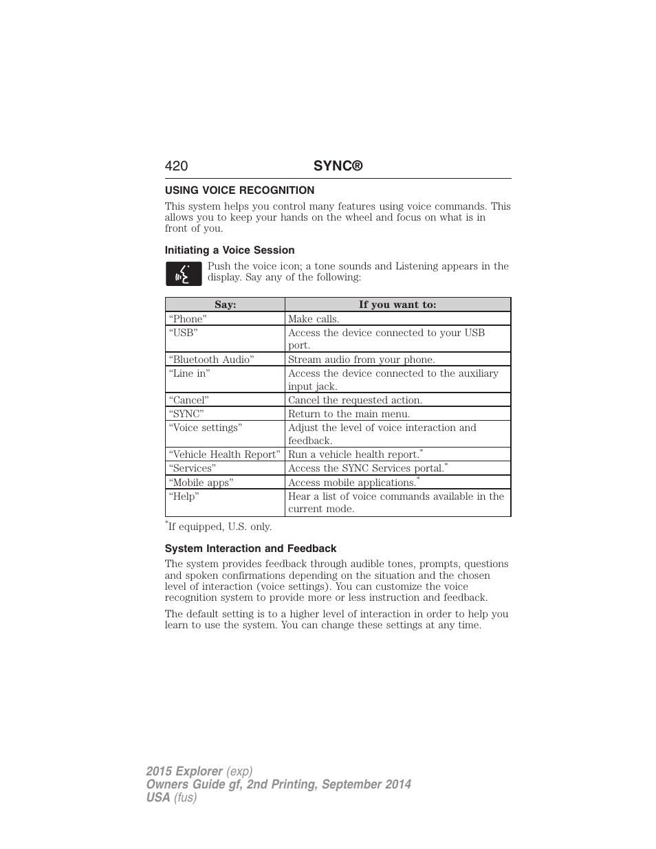 Using voice recognition, Initiating a voice session, System interaction and feedback | 420 sync | FORD 2015 Explorer User Manual | Page 421 / 596