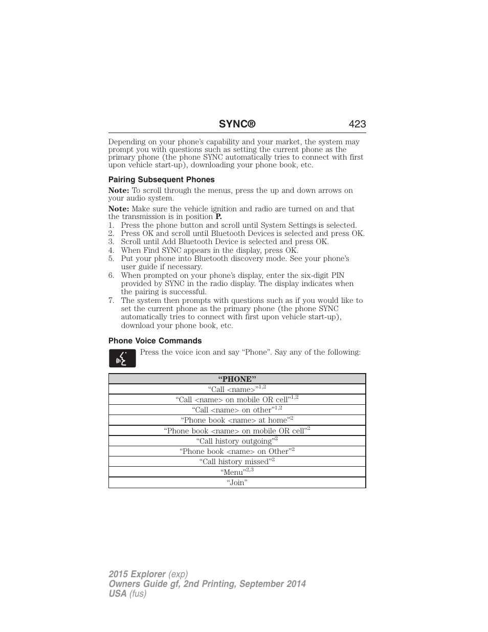 Pairing subsequent phones, Phone voice commands, Sync® 423 | FORD 2015 Explorer User Manual | Page 424 / 596