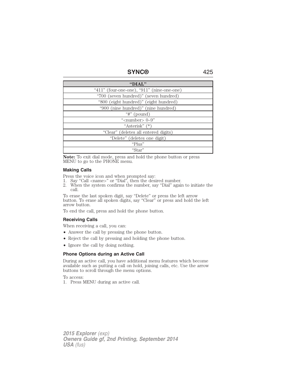 Making calls, Receiving calls, Phone options during an active call | Sync® 425 | FORD 2015 Explorer User Manual | Page 426 / 596