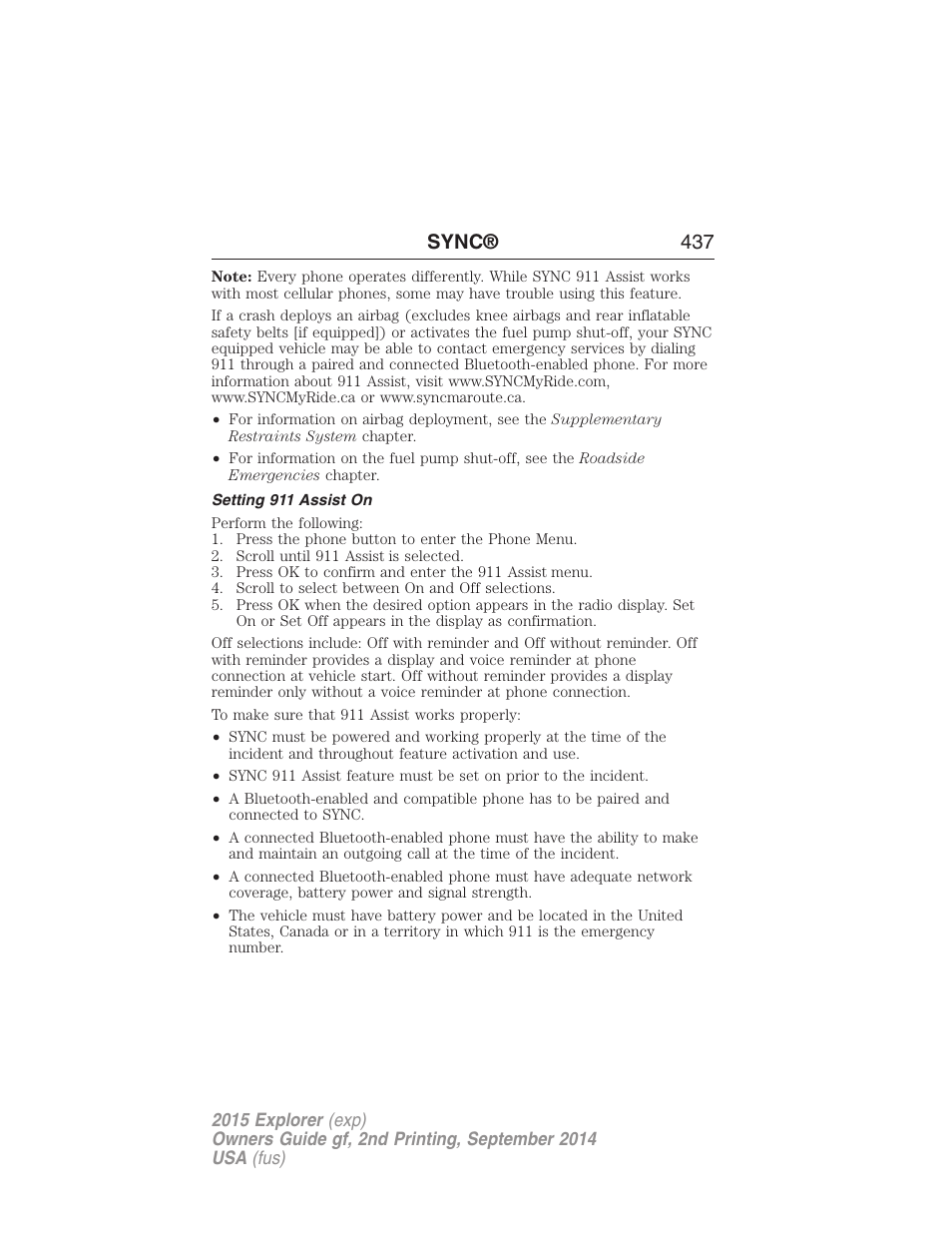 Setting 911 assist on, Sync® 437 | FORD 2015 Explorer User Manual | Page 438 / 596