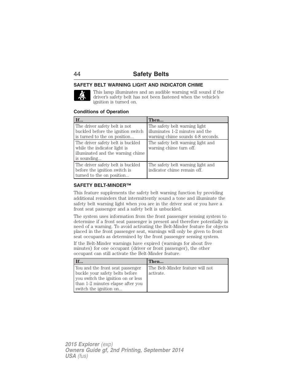 Safety belt warning light and indicator chime, Conditions of operation, Safety belt-minder | 44 safety belts | FORD 2015 Explorer User Manual | Page 45 / 596