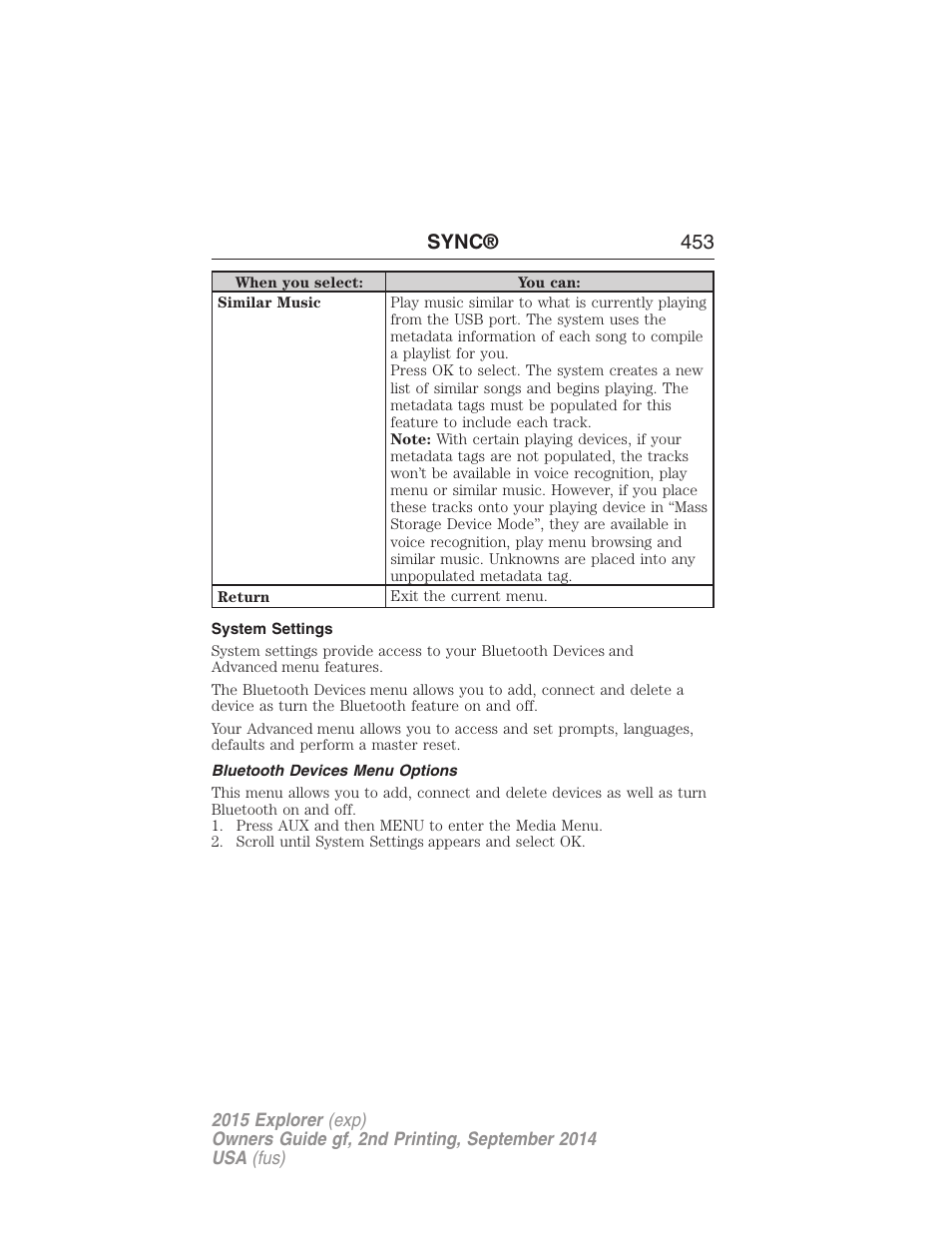 System settings, Bluetooth devices menu options, Sync® 453 | FORD 2015 Explorer User Manual | Page 454 / 596