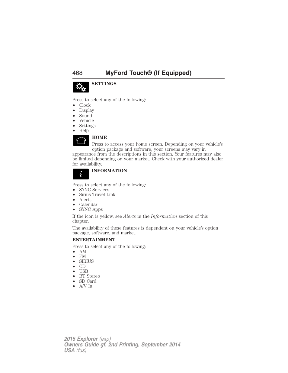 468 myford touch® (if equipped) | FORD 2015 Explorer User Manual | Page 469 / 596