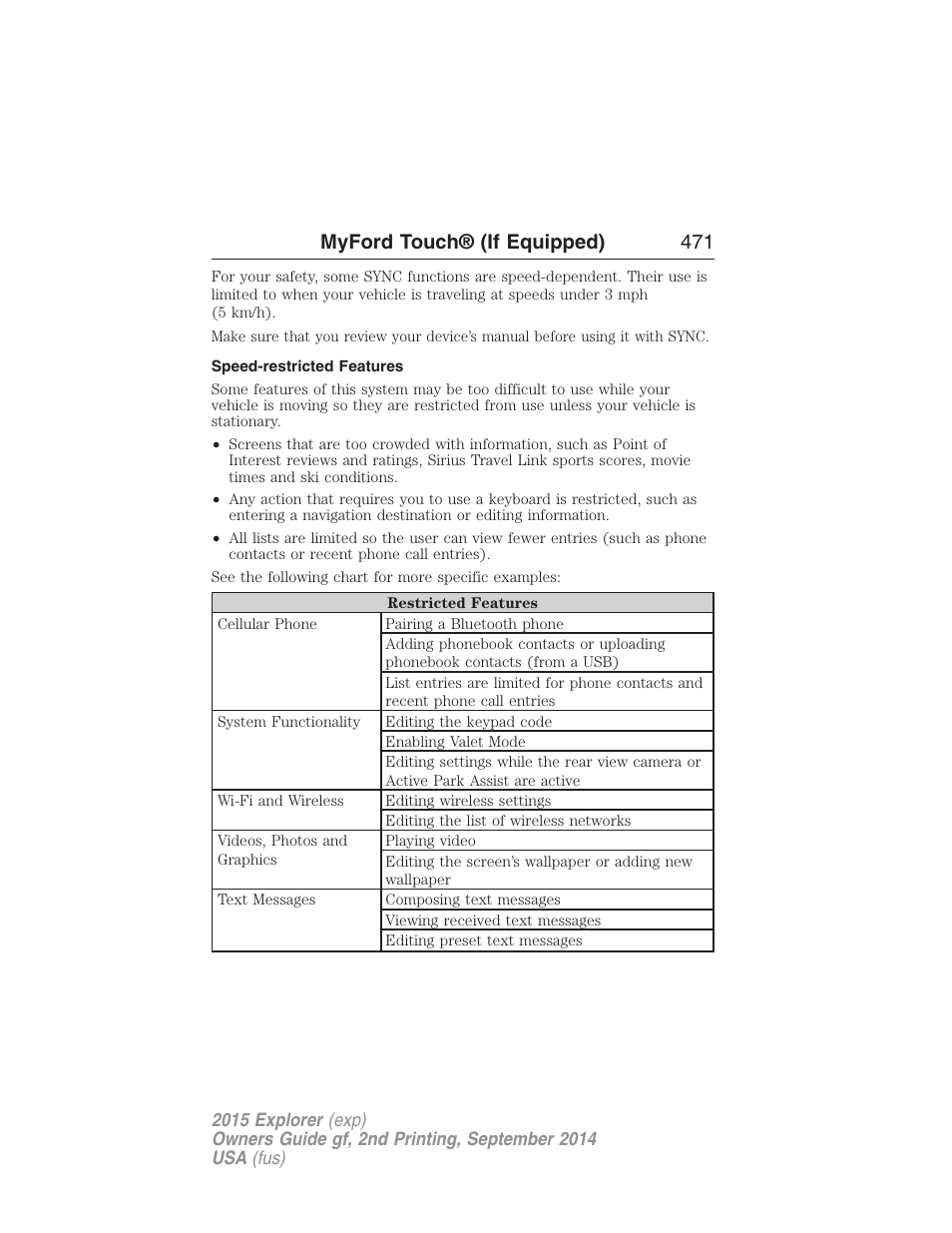 Speed-restricted features, Myford touch® (if equipped) 471 | FORD 2015 Explorer User Manual | Page 472 / 596