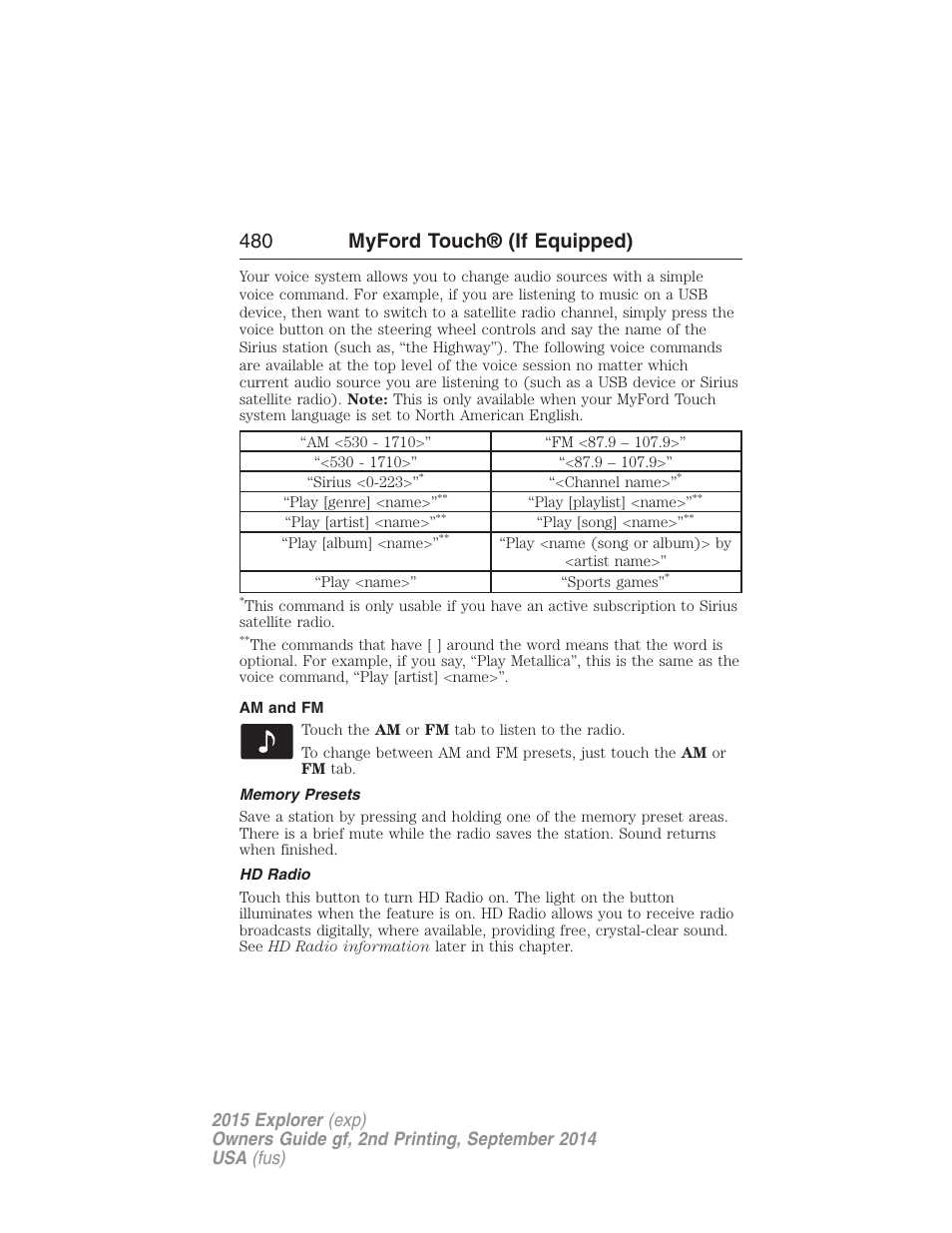 Am and fm, Memory presets, Hd radio | 480 myford touch® (if equipped) | FORD 2015 Explorer User Manual | Page 481 / 596