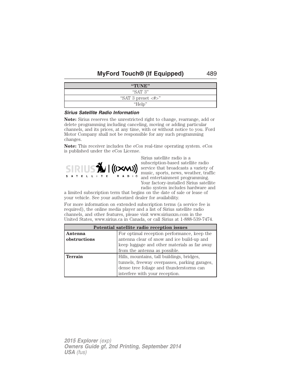 Sirius satellite radio information, Myford touch® (if equipped) 489 | FORD 2015 Explorer User Manual | Page 490 / 596