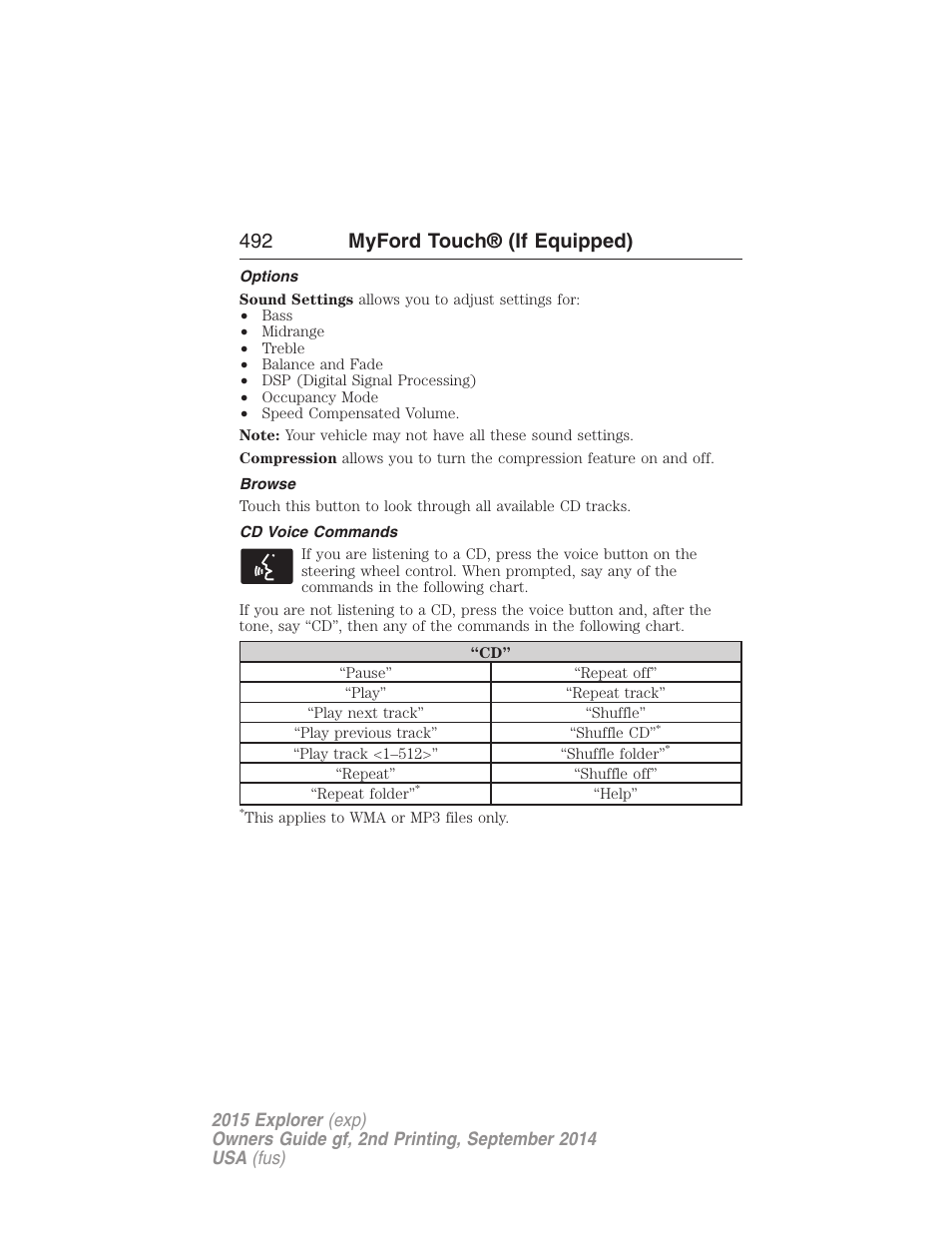 Options, Browse, Cd voice commands | 492 myford touch® (if equipped) | FORD 2015 Explorer User Manual | Page 493 / 596