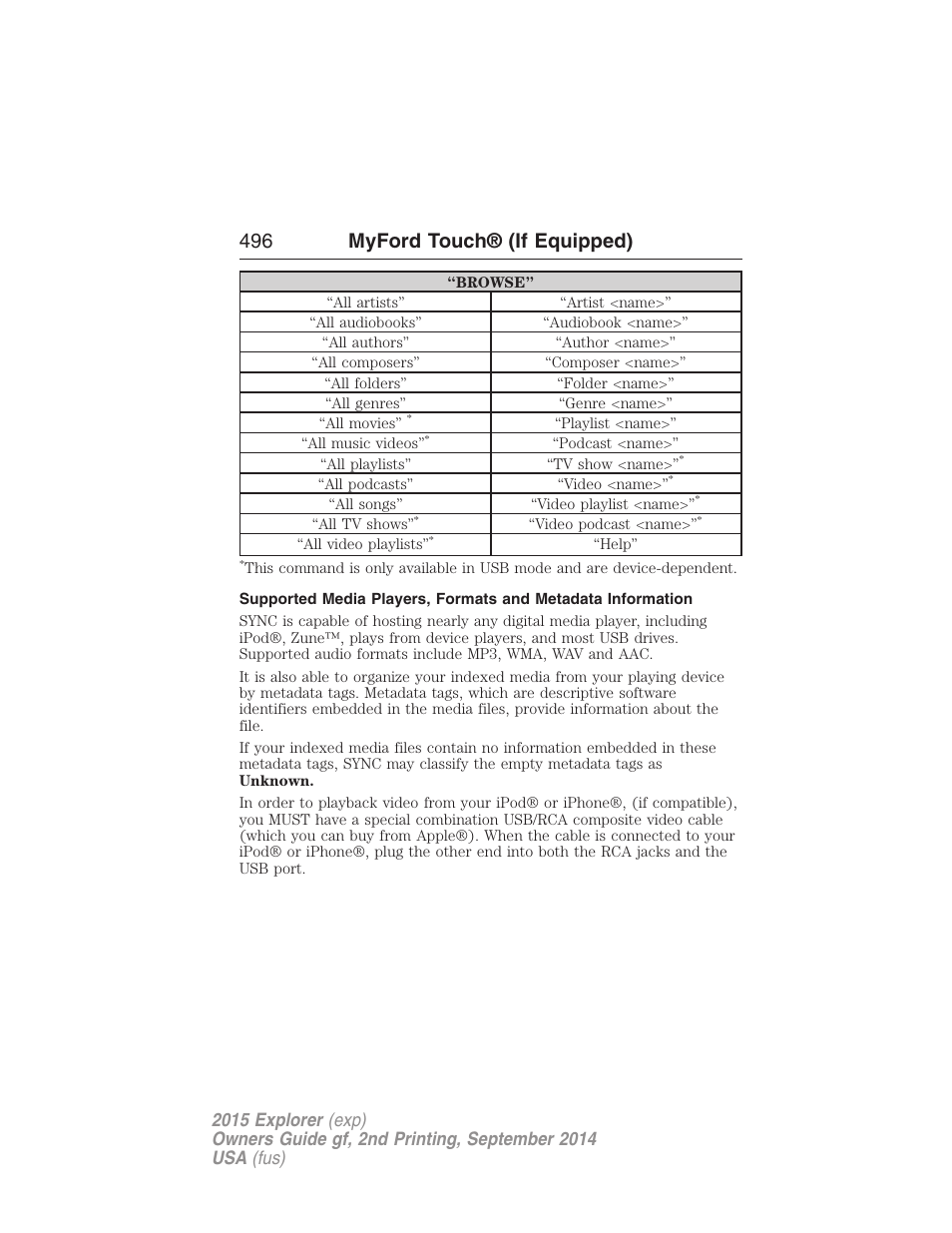 496 myford touch® (if equipped) | FORD 2015 Explorer User Manual | Page 497 / 596