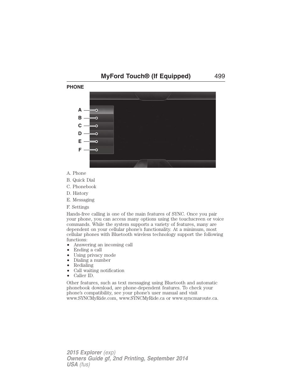 Phone, Phone features, Myford touch® (if equipped) 499 | FORD 2015 Explorer User Manual | Page 500 / 596