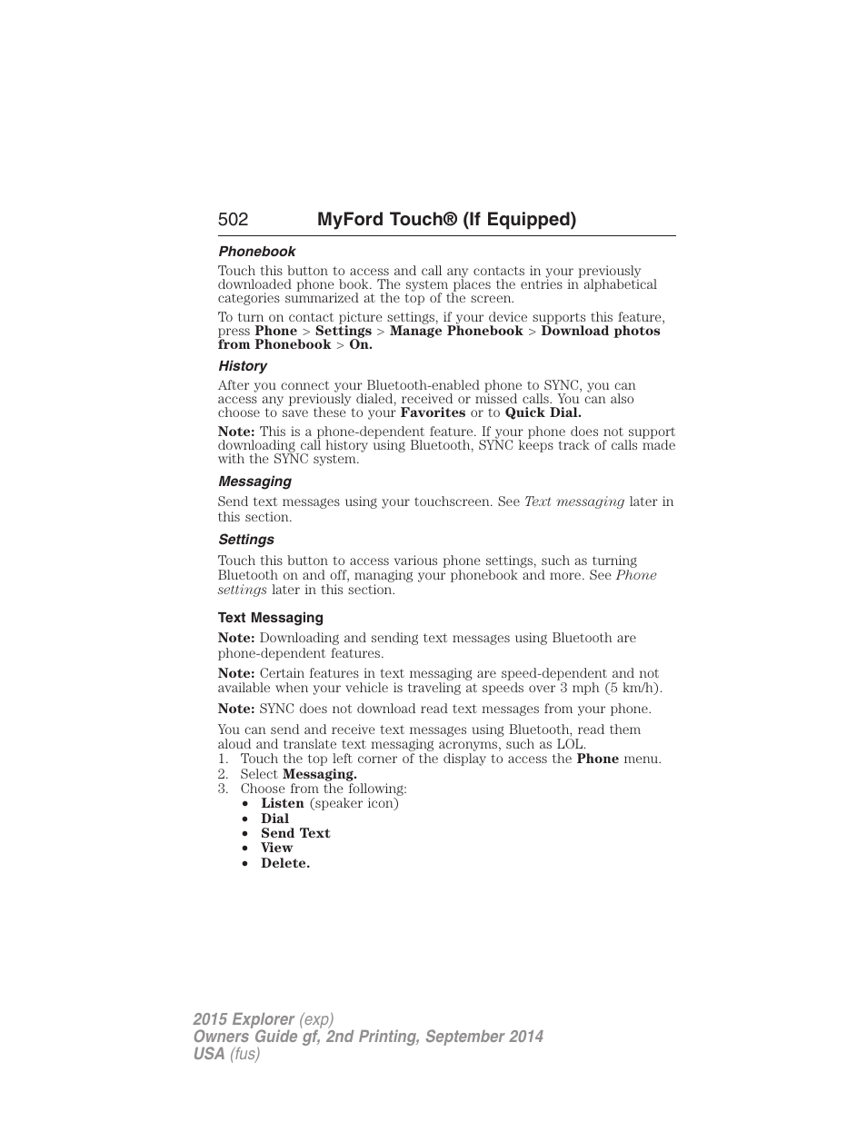 Phonebook, History, Messaging | Settings, Text messaging, 502 myford touch® (if equipped) | FORD 2015 Explorer User Manual | Page 503 / 596