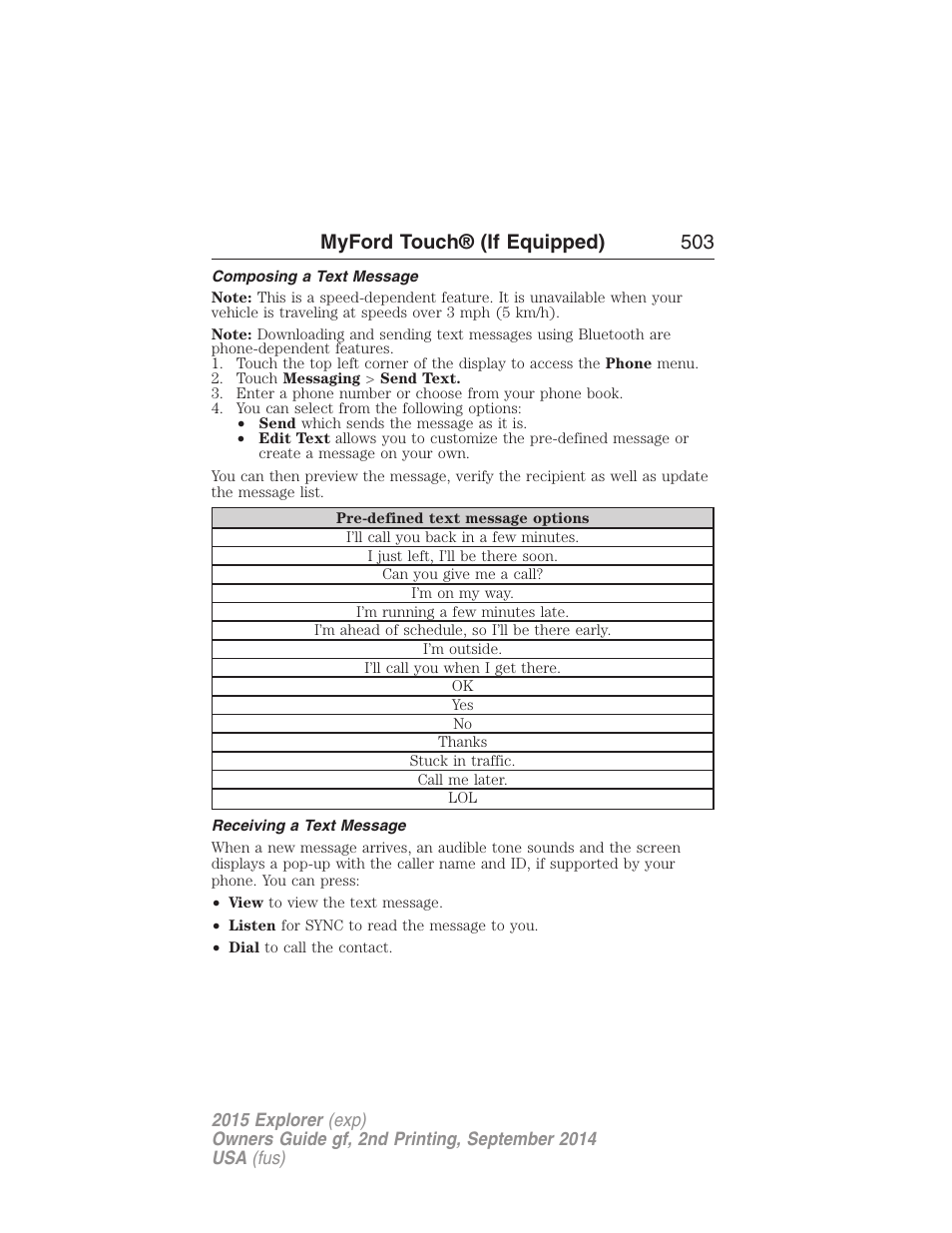 Composing a text message, Receiving a text message, Myford touch® (if equipped) 503 | FORD 2015 Explorer User Manual | Page 504 / 596