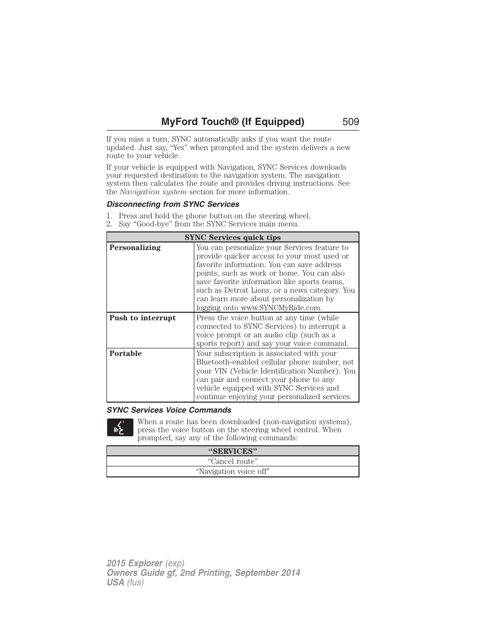 Disconnecting from sync services, Sync services voice commands, Myford touch® (if equipped) 509 | FORD 2015 Explorer User Manual | Page 510 / 596