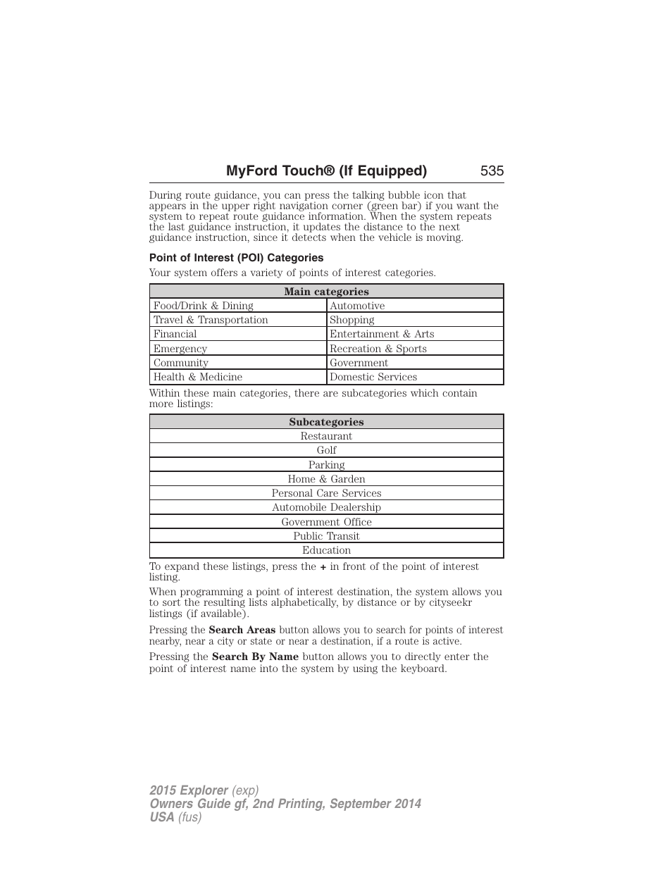 Point of interest (poi) categories, Myford touch® (if equipped) 535 | FORD 2015 Explorer User Manual | Page 536 / 596