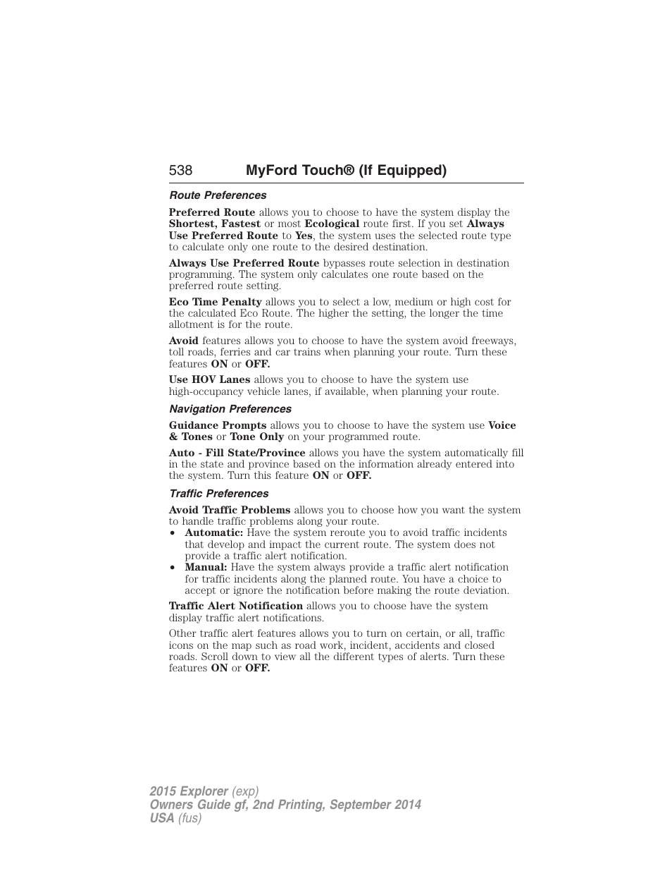 Route preferences, Navigation preferences, Traffic preferences | 538 myford touch® (if equipped) | FORD 2015 Explorer User Manual | Page 539 / 596