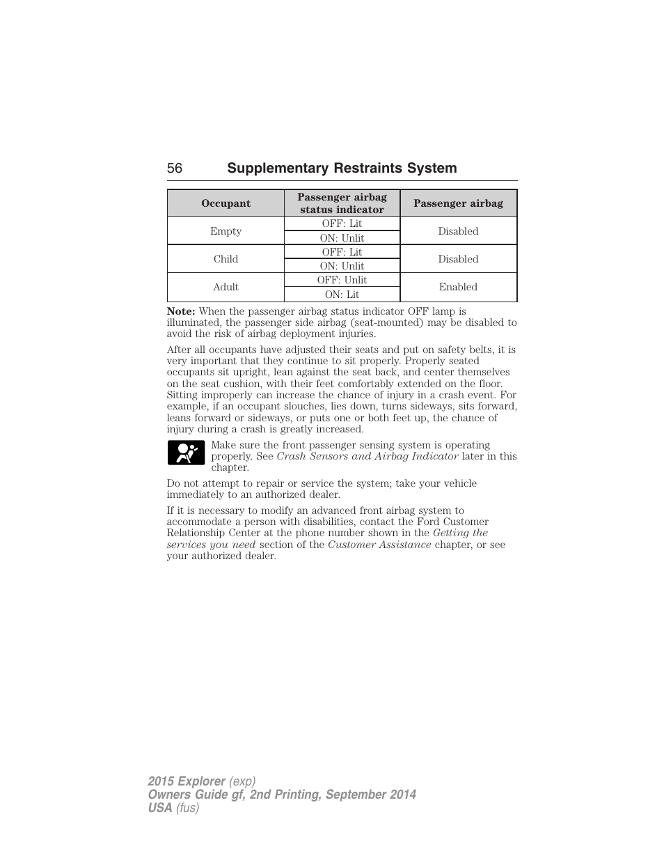 56 supplementary restraints system | FORD 2015 Explorer User Manual | Page 57 / 596