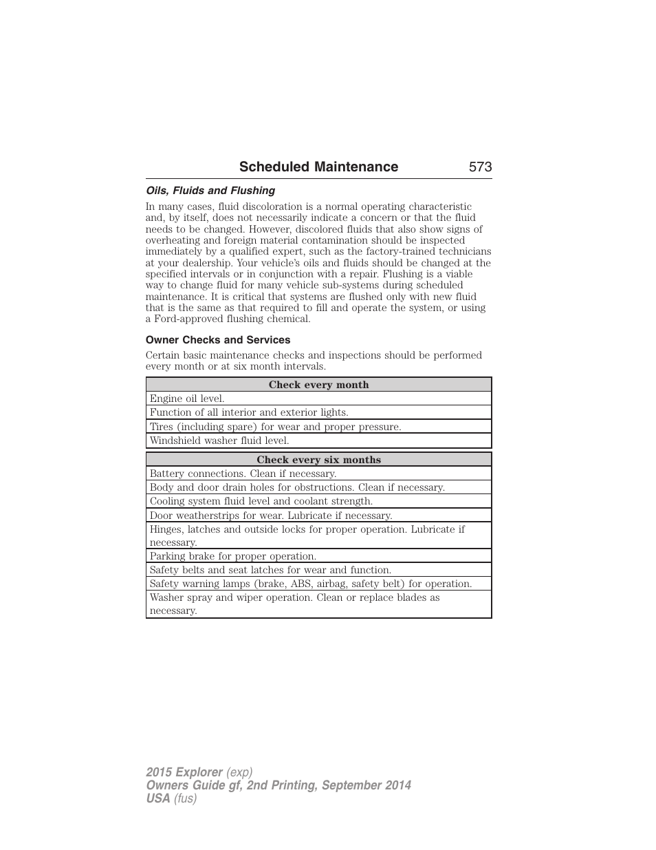 Oils, fluids and flushing, Owner checks and services, Scheduled maintenance 573 | FORD 2015 Explorer User Manual | Page 574 / 596