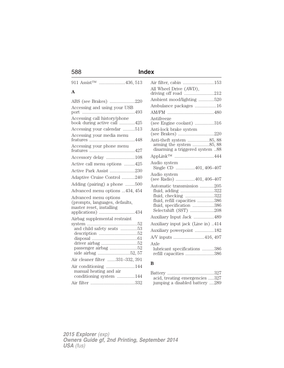 Index, 588 index | FORD 2015 Explorer User Manual | Page 589 / 596