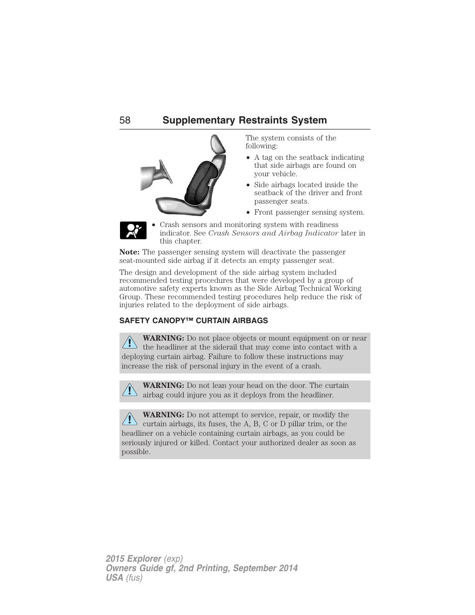 Safety canopy™ curtain airbags, Safety canopy curtain airbags, 58 supplementary restraints system | FORD 2015 Explorer User Manual | Page 59 / 596