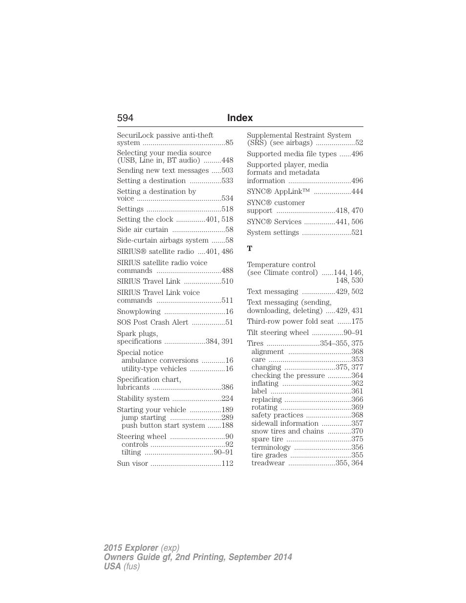 594 index | FORD 2015 Explorer User Manual | Page 595 / 596