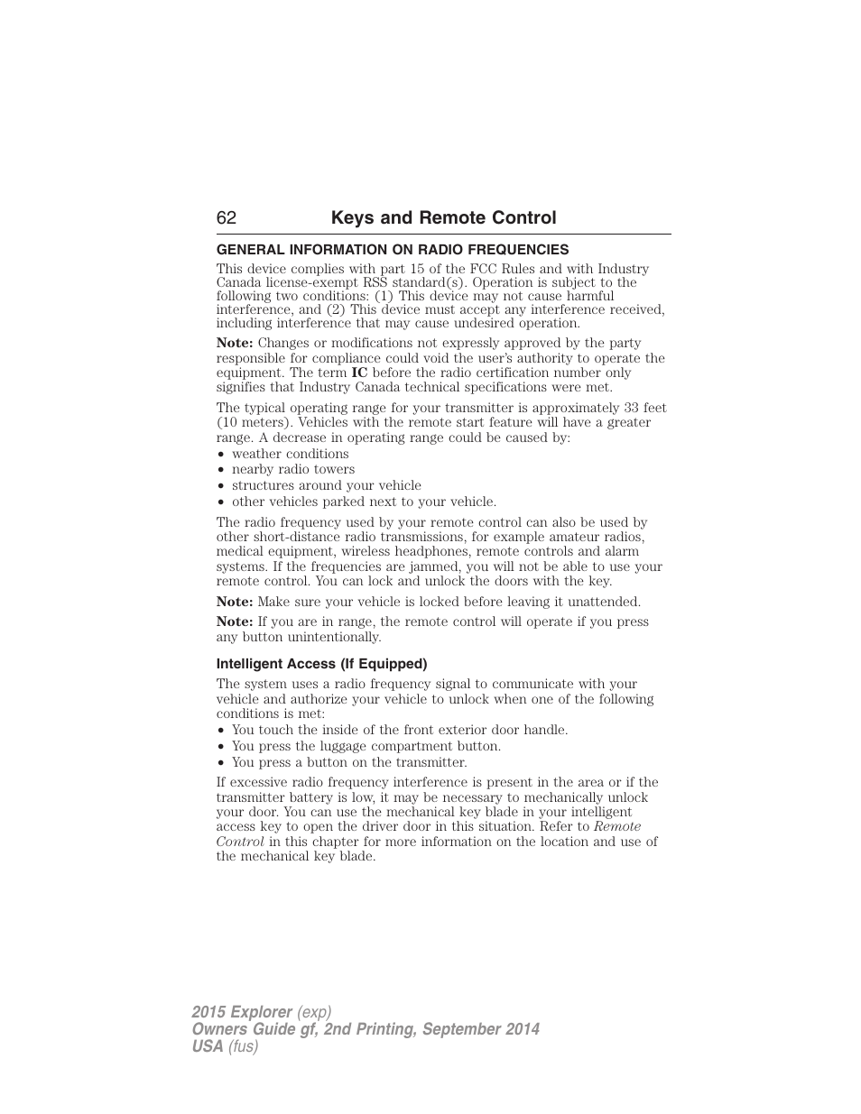 Keys and remote control, General information on radio frequencies, Intelligent access (if equipped) | 62 keys and remote control | FORD 2015 Explorer User Manual | Page 63 / 596