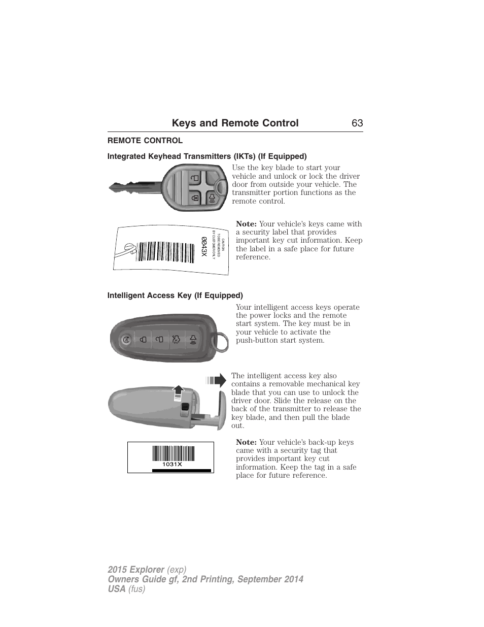 Remote control, Intelligent access key (if equipped), Keys | Keys and remote control 63 | FORD 2015 Explorer User Manual | Page 64 / 596