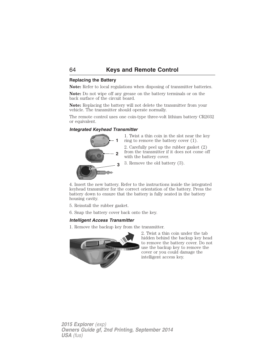 Replacing the battery, Integrated keyhead transmitter, Intelligent access transmitter | 64 keys and remote control | FORD 2015 Explorer User Manual | Page 65 / 596