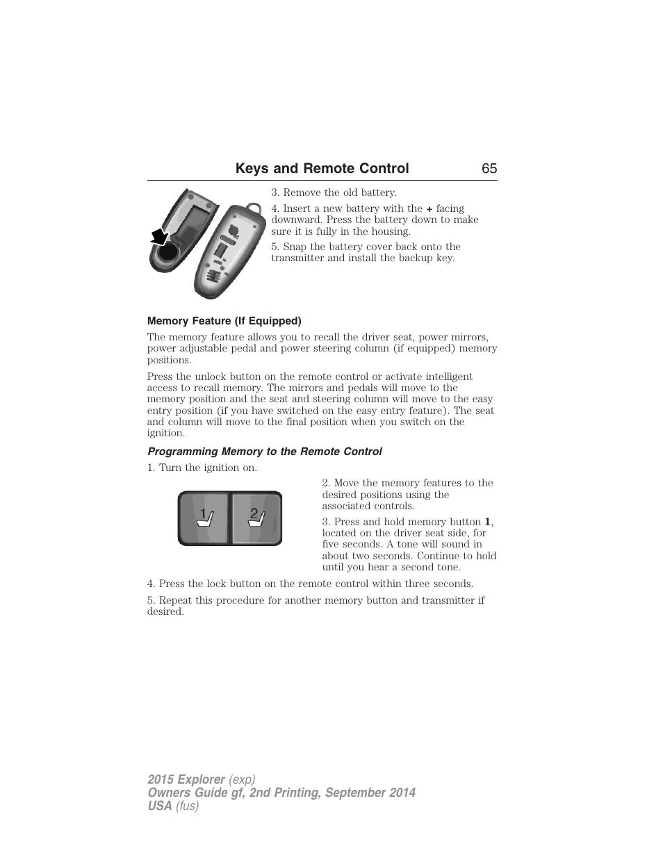 Memory feature (if equipped), Programming memory to the remote control, 21 keys and remote control 65 | FORD 2015 Explorer User Manual | Page 66 / 596