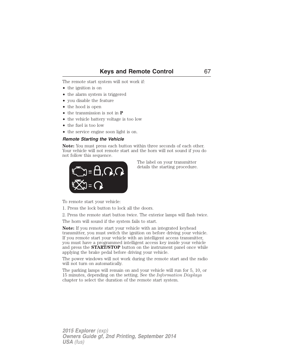 Remote starting the vehicle, Keys and remote control 67 | FORD 2015 Explorer User Manual | Page 68 / 596