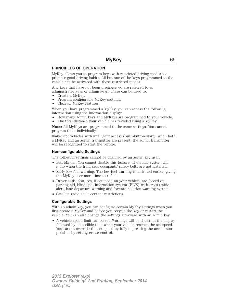 Mykey, Principles of operation, Non-configurable settings | Configurable settings, Settings, mykey, Mykey 69 | FORD 2015 Explorer User Manual | Page 70 / 596