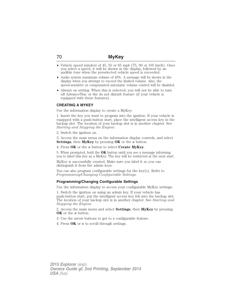 Creating a mykey, Programming/changing configurable settings, Creating | 70 mykey | FORD 2015 Explorer User Manual | Page 71 / 596