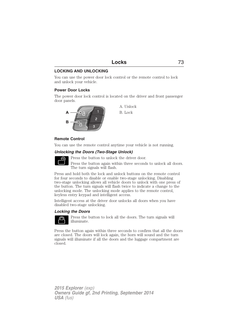 Locks, Locking and unlocking, Power door locks | Remote control, Unlocking the doors (two-stage unlock), Locking the doors, Locks 73 | FORD 2015 Explorer User Manual | Page 74 / 596