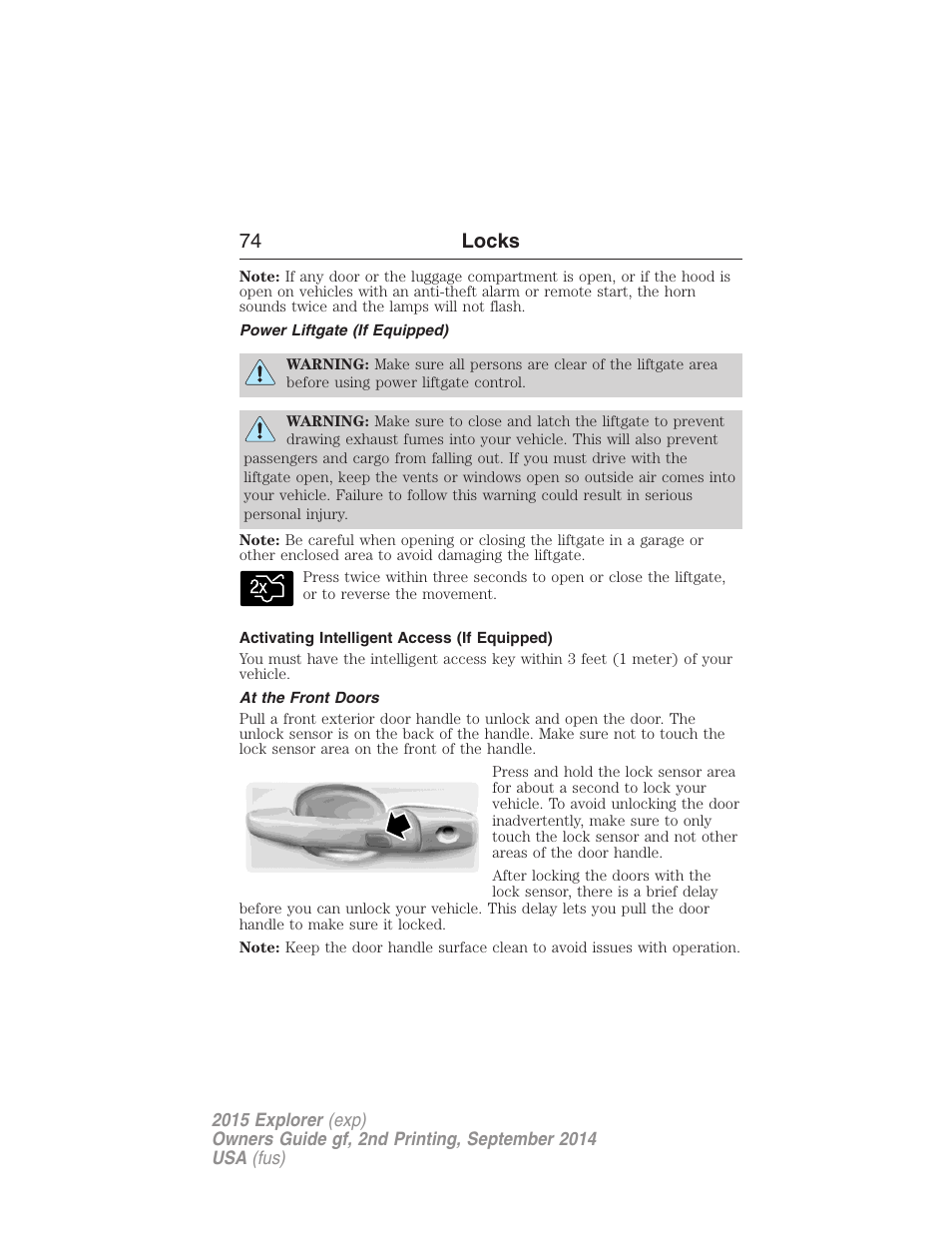 Power liftgate (if equipped), Activating intelligent access (if equipped), At the front doors | 74 locks | FORD 2015 Explorer User Manual | Page 75 / 596