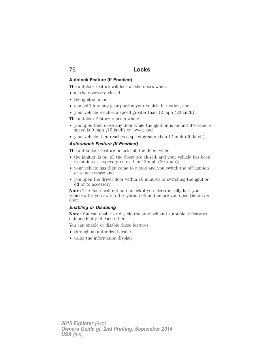 Autolock feature (if enabled), Autounlock feature (if enabled), Enabling or disabling | 76 locks | FORD 2015 Explorer User Manual | Page 77 / 596