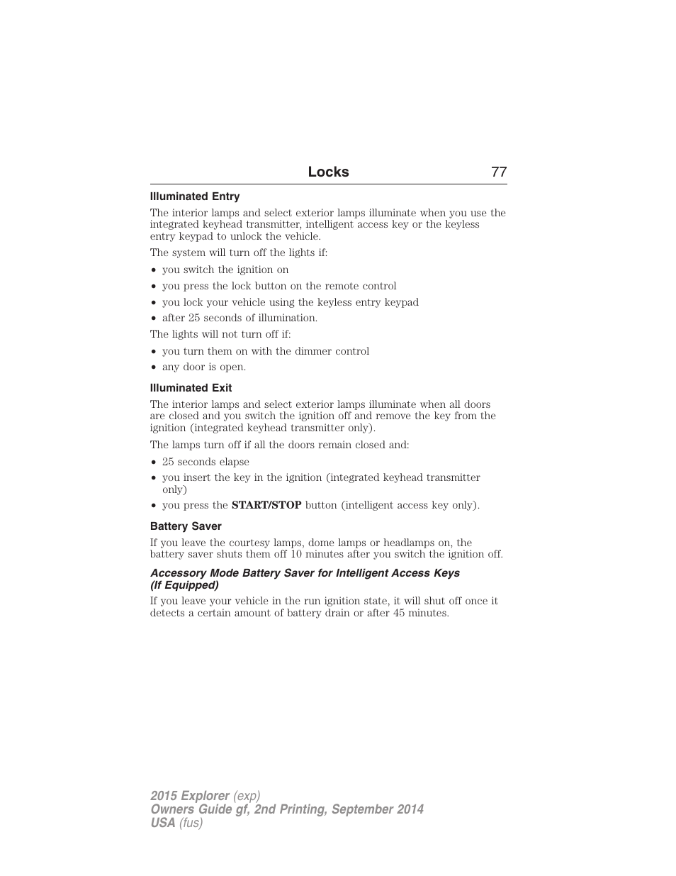 Illuminated entry, Illuminated exit, Battery saver | Locks 77 | FORD 2015 Explorer User Manual | Page 78 / 596