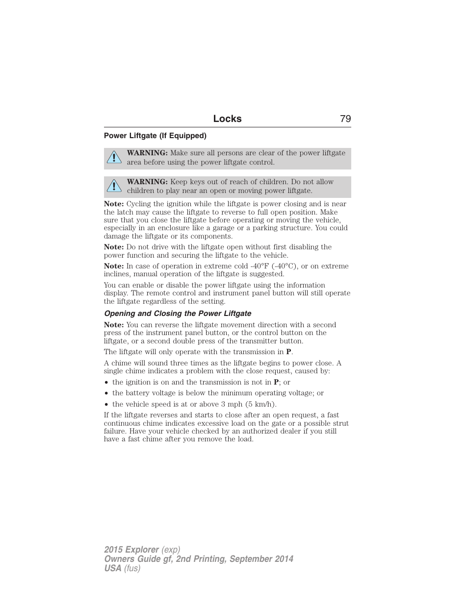 Power liftgate (if equipped), Opening and closing the power liftgate, Locks 79 | FORD 2015 Explorer User Manual | Page 80 / 596