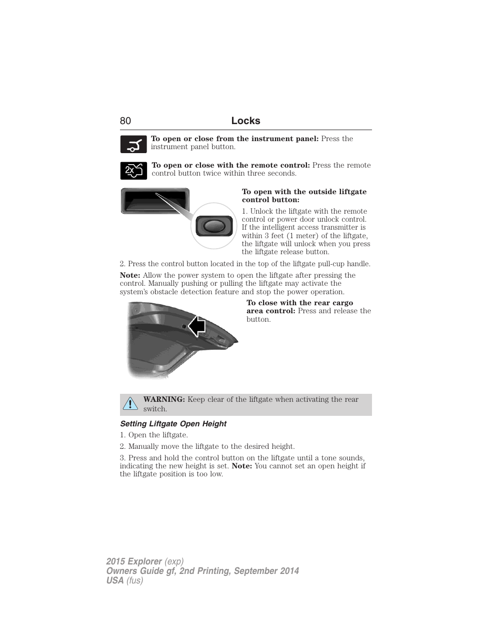 Setting liftgate open height, 80 locks | FORD 2015 Explorer User Manual | Page 81 / 596