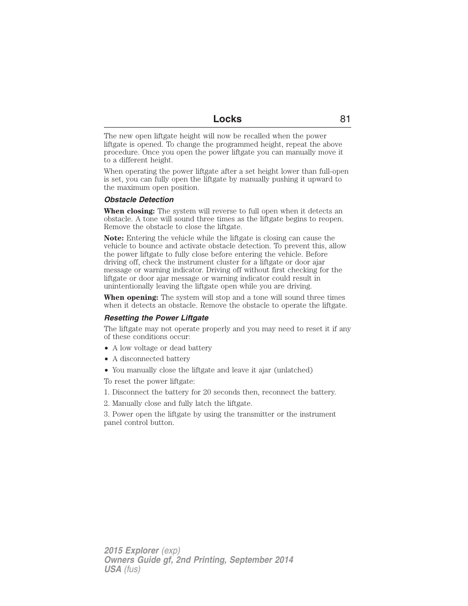 Obstacle detection, Resetting the power liftgate, Locks 81 | FORD 2015 Explorer User Manual | Page 82 / 596