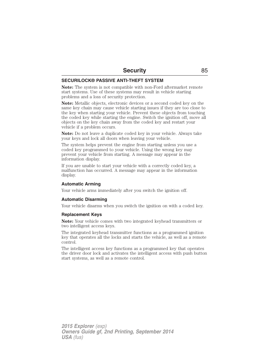 Security, Securilock® passive anti-theft system, Automatic arming | Automatic disarming, Replacement keys, Security 85 | FORD 2015 Explorer User Manual | Page 86 / 596