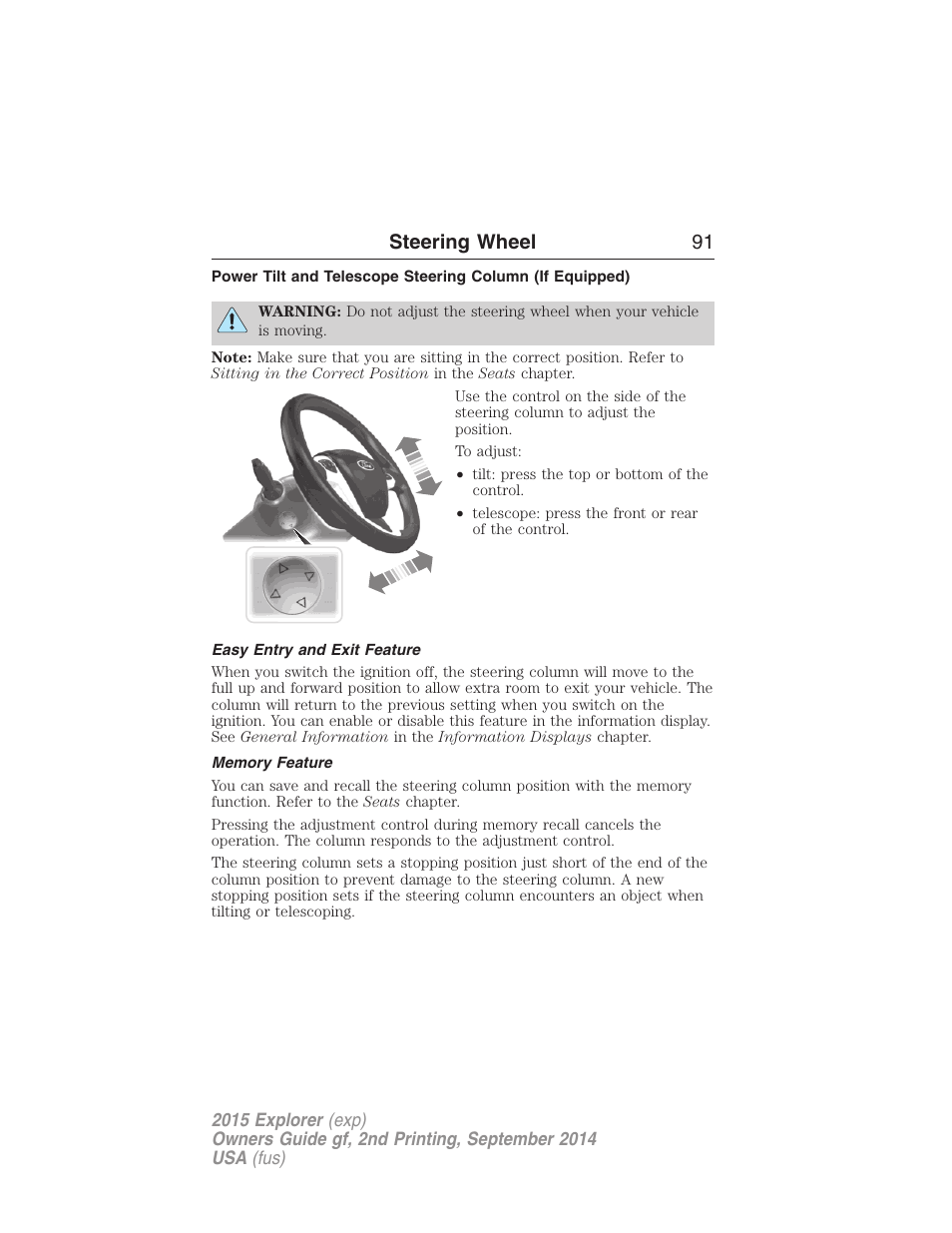 Easy entry and exit feature, Memory feature, Steering wheel 91 | FORD 2015 Explorer User Manual | Page 92 / 596